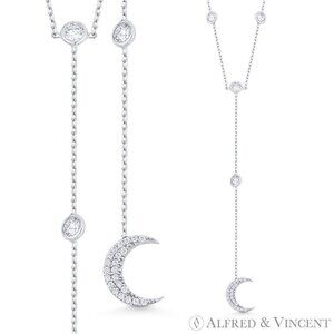 Crescent Moon & Anchor Chain CZ Crystal Bezel Y-Necklace in .925 Sterling Silver